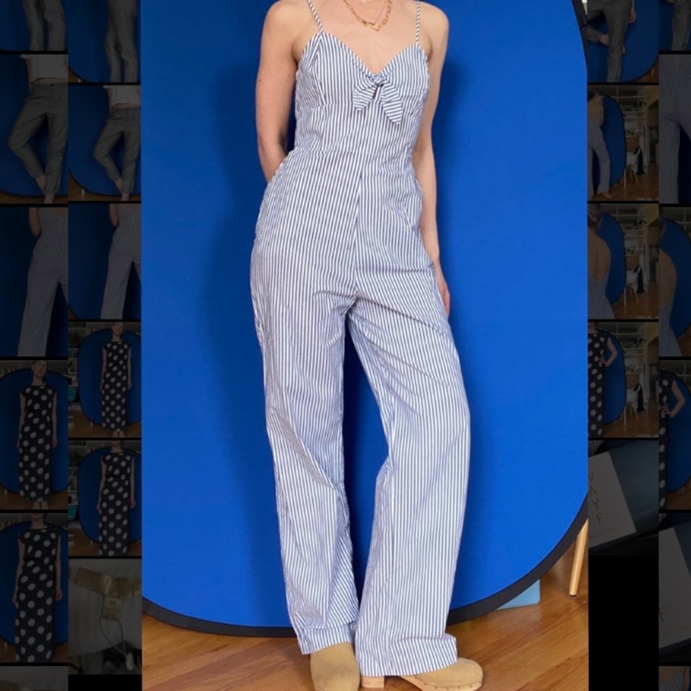 NWT!! Blue/white striped jumpsuit w/tie front detail!